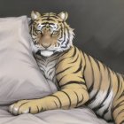 Realistic digital artwork: Tiger on bed with white and pink polka dot sheets