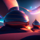 Spherical structures on desert planet with ringed planet and moons in twilight sky