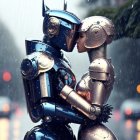 Futuristic robots embracing in cityscape with bokeh lights