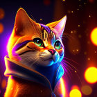 Colorful Digital Artwork: Cat with Blue Eyes in Jacket on Bokeh Background