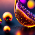 Colorful water droplets on metallic surface with purple, blue, and orange hues