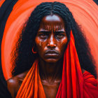 Woman with Traditional Face Markings in Orange Against Spiraling Red Backdrop