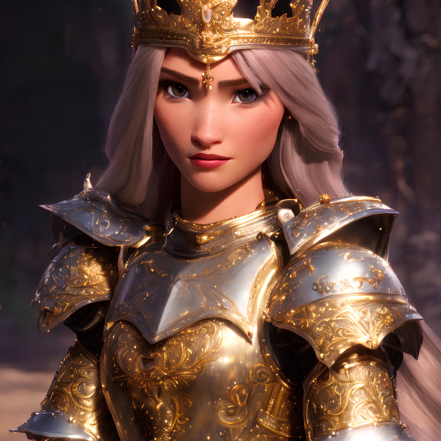 Regal Figure in Golden Armor and Crown with Determined Expression