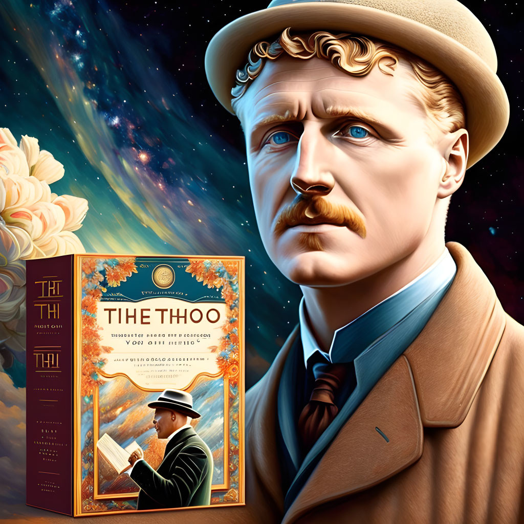 Vintage man with mustache holding "Tithe Thoo" book in cosmic setting