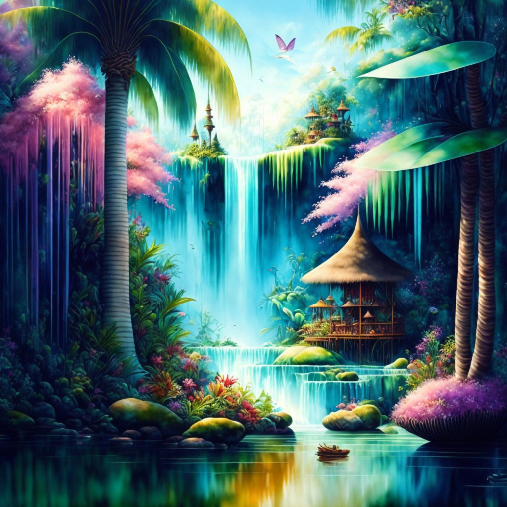 Vibrant fantasy landscape with waterfalls, huts, boat, butterfly