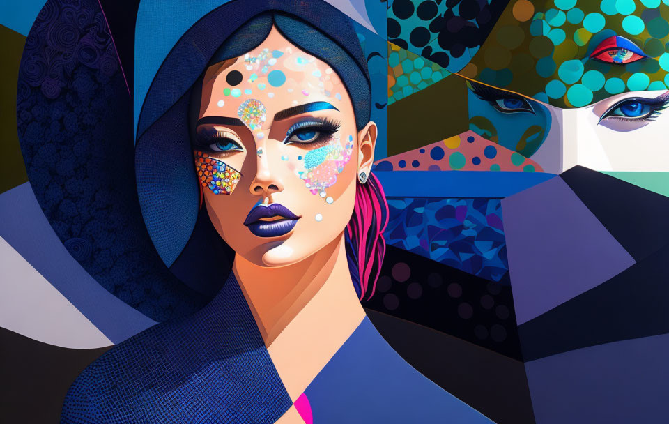 Vibrant geometric patterns on woman's face and background