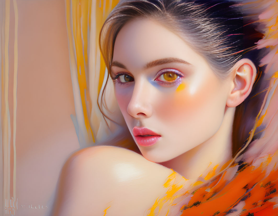 Digital painting of woman with green eyes and orange eyeshadow and abstract orange-yellow details