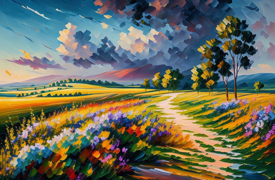 Scenic landscape oil painting with winding path, colorful flowers, tall trees, and dramatic cloudy sky