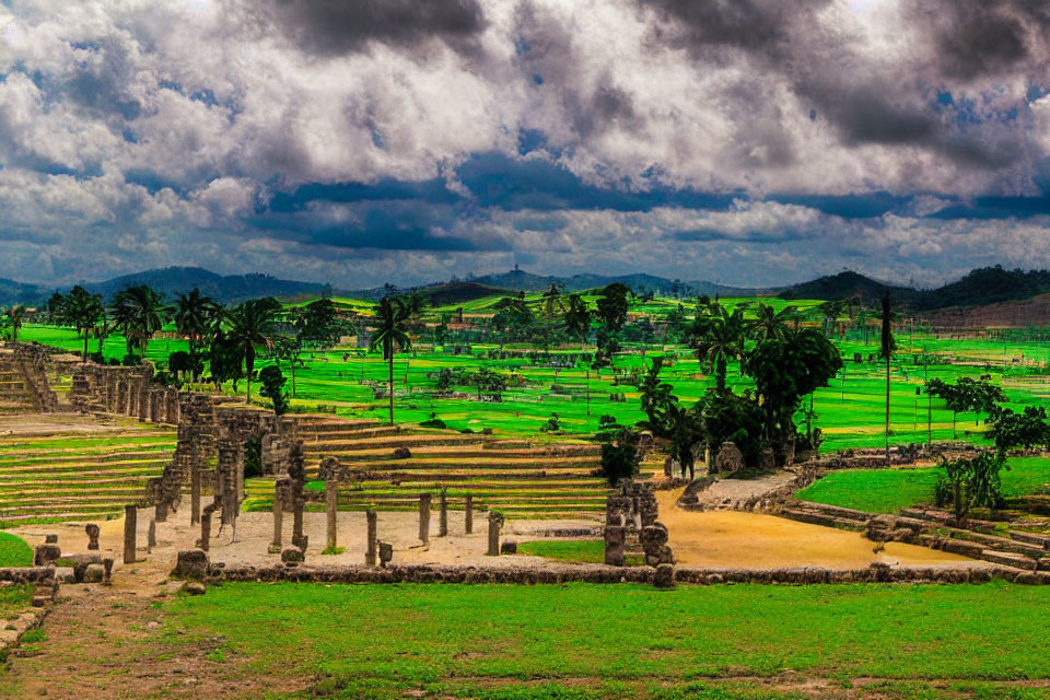 Ancient ruins with columns in vibrant green fields under dramatic cloudy sky