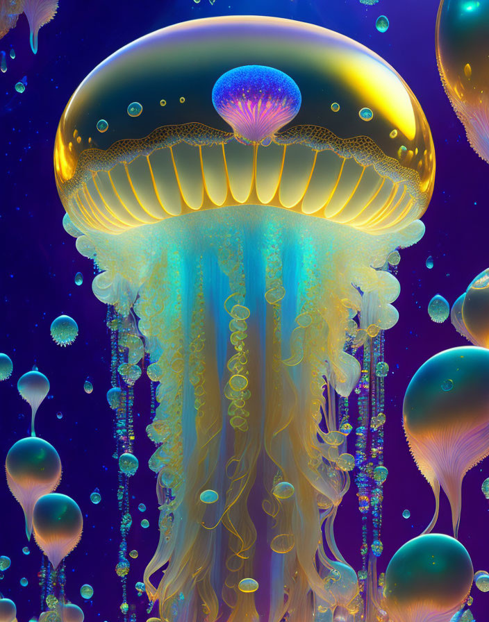 Vivid Golden Jellyfish in Deep Blue Sea