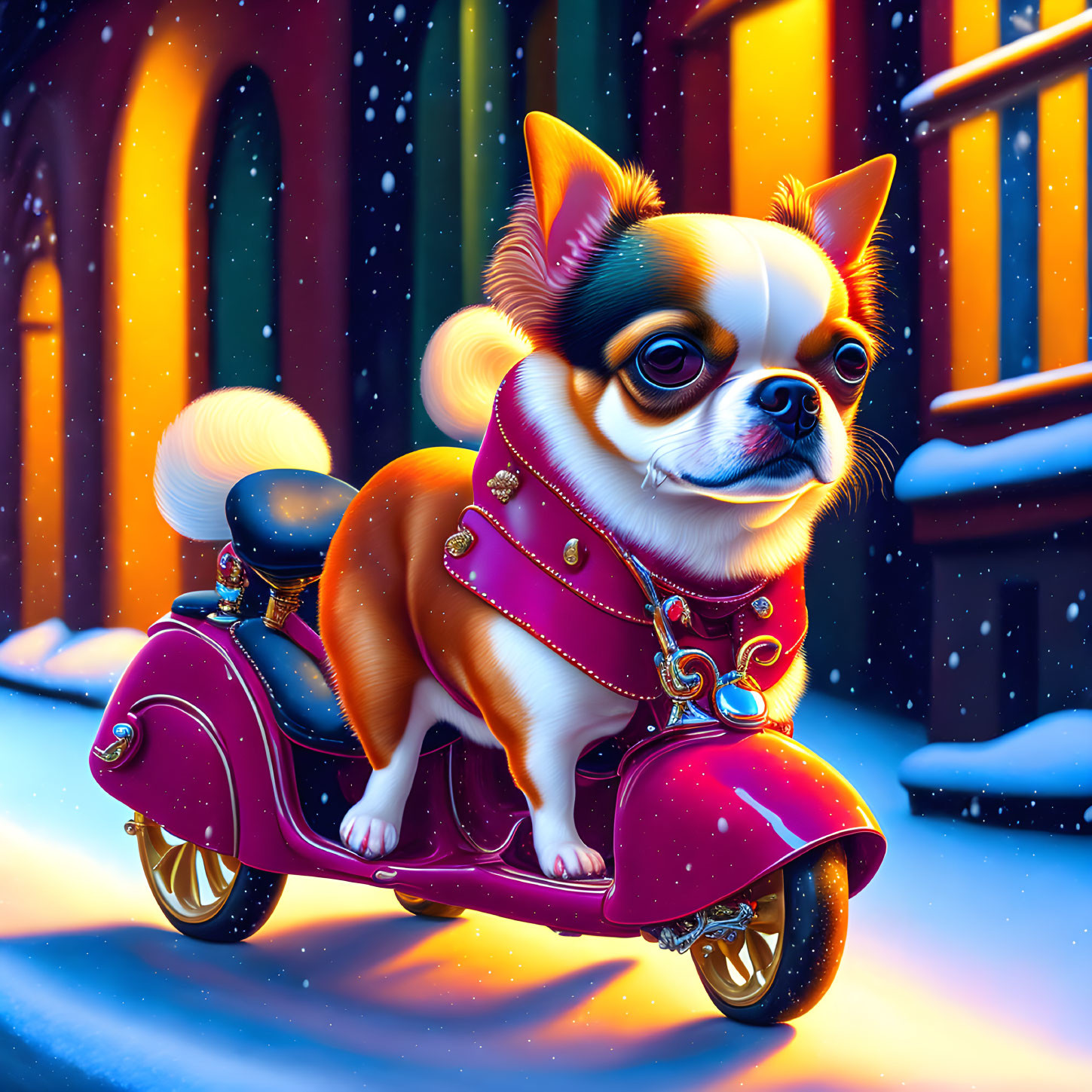 Illustration of Chihuahua Dog on Pink Scooter in Snowy Night Cityscape