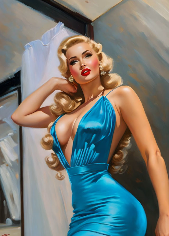 Blonde woman in blue satin dress with red lipstick pose