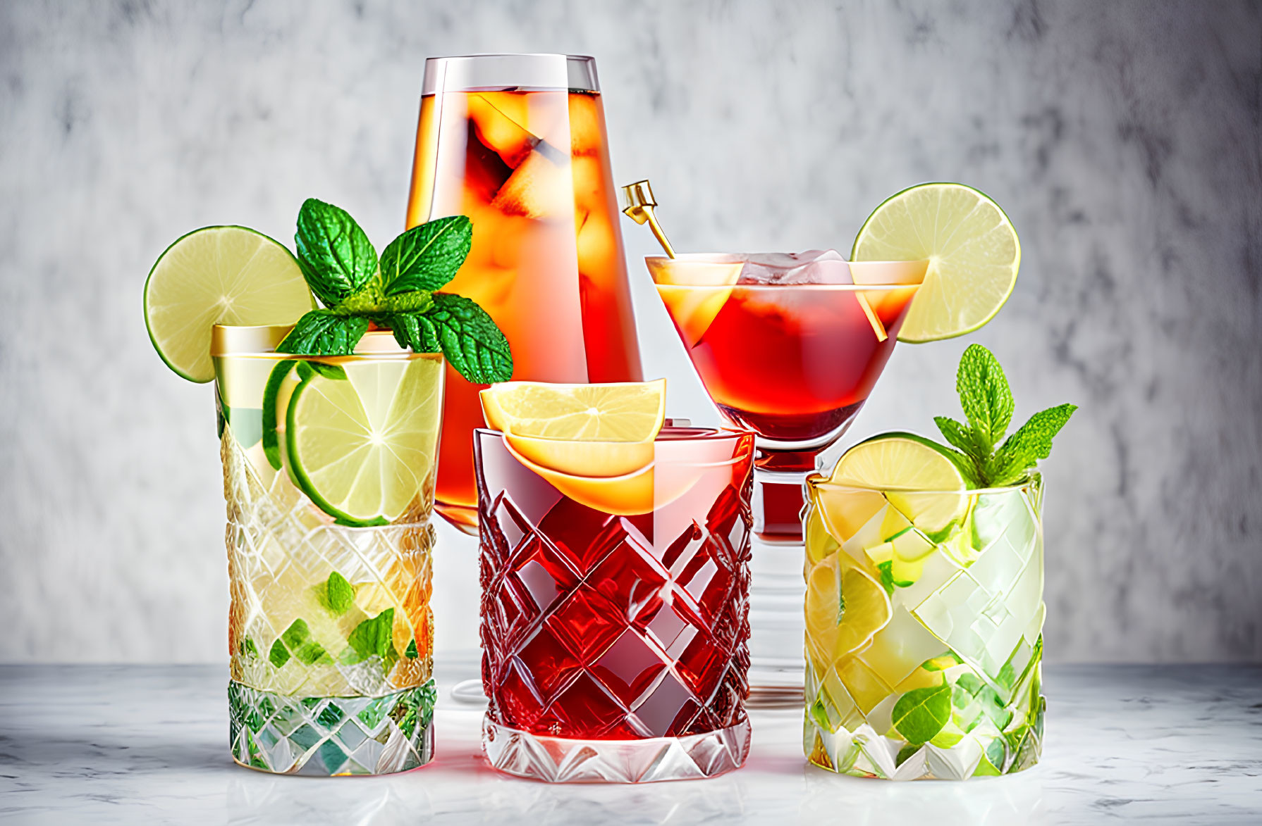 Variety of Citrus Cocktails with Mint in Elegant Glasses