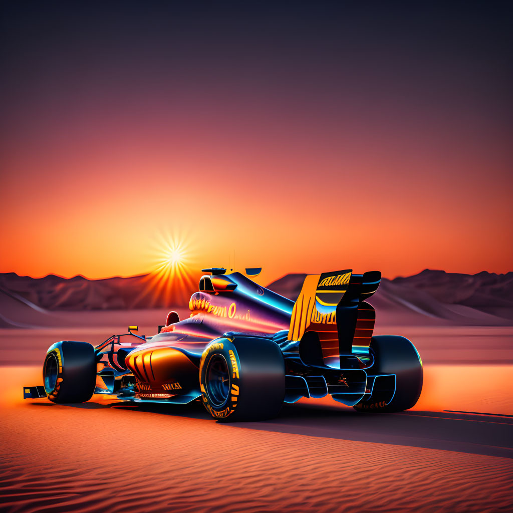 Formula 1 car on desert landscape at sunset with orange and purple hues