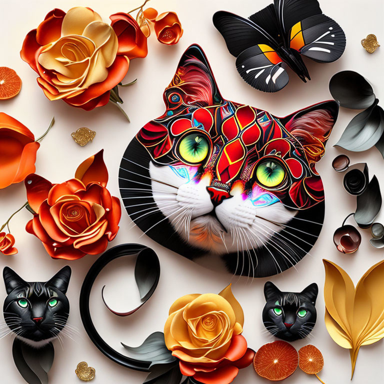 Colorful Cat Face Surrounded by Black Cats and Roses on White Background