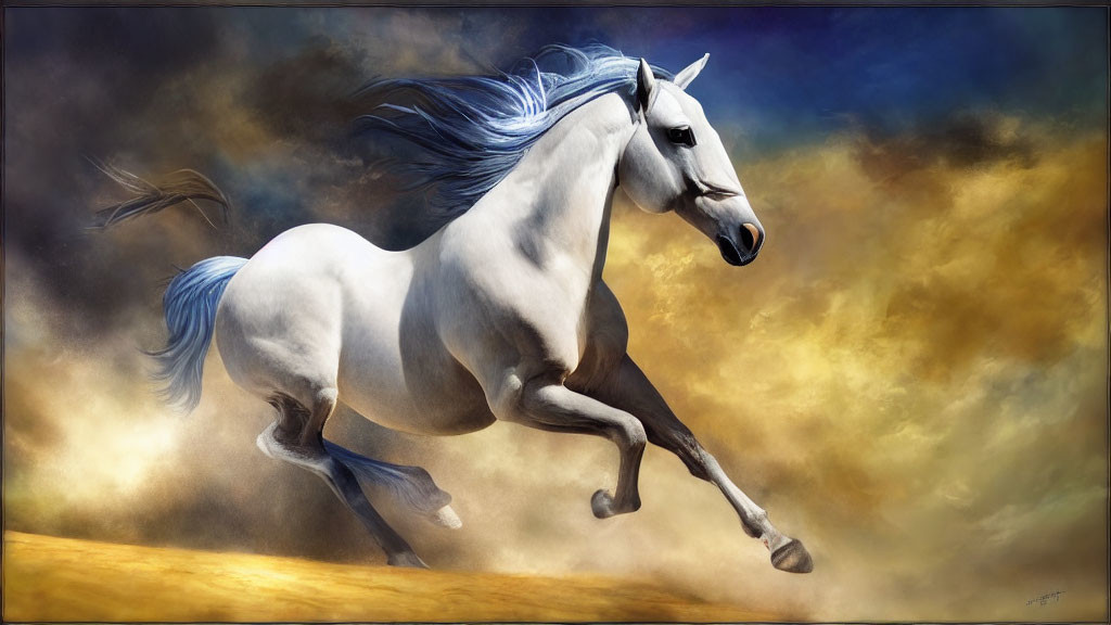 Majestic white horse galloping under golden cloudy sky