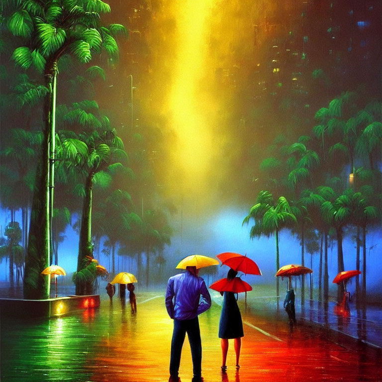 Colorful umbrellas in vibrant night cityscape under misty glow