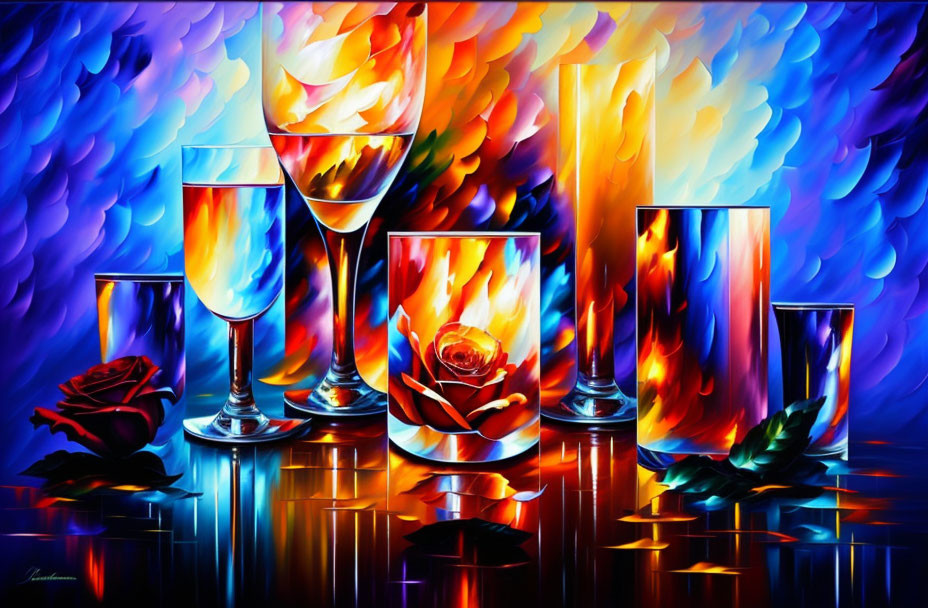 Colorful Abstract Painting with Glassware and Red Rose on Glossy Surface