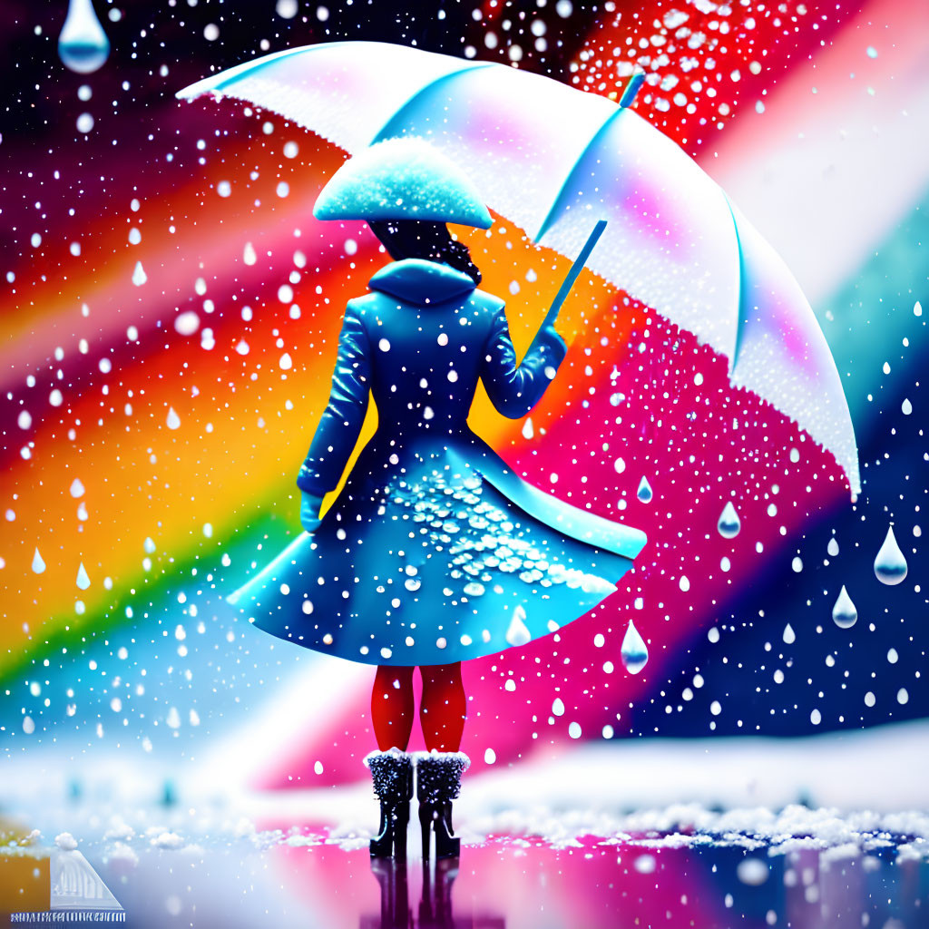 Person in Blue Coat with Colorful Umbrella in Rainy Scene
