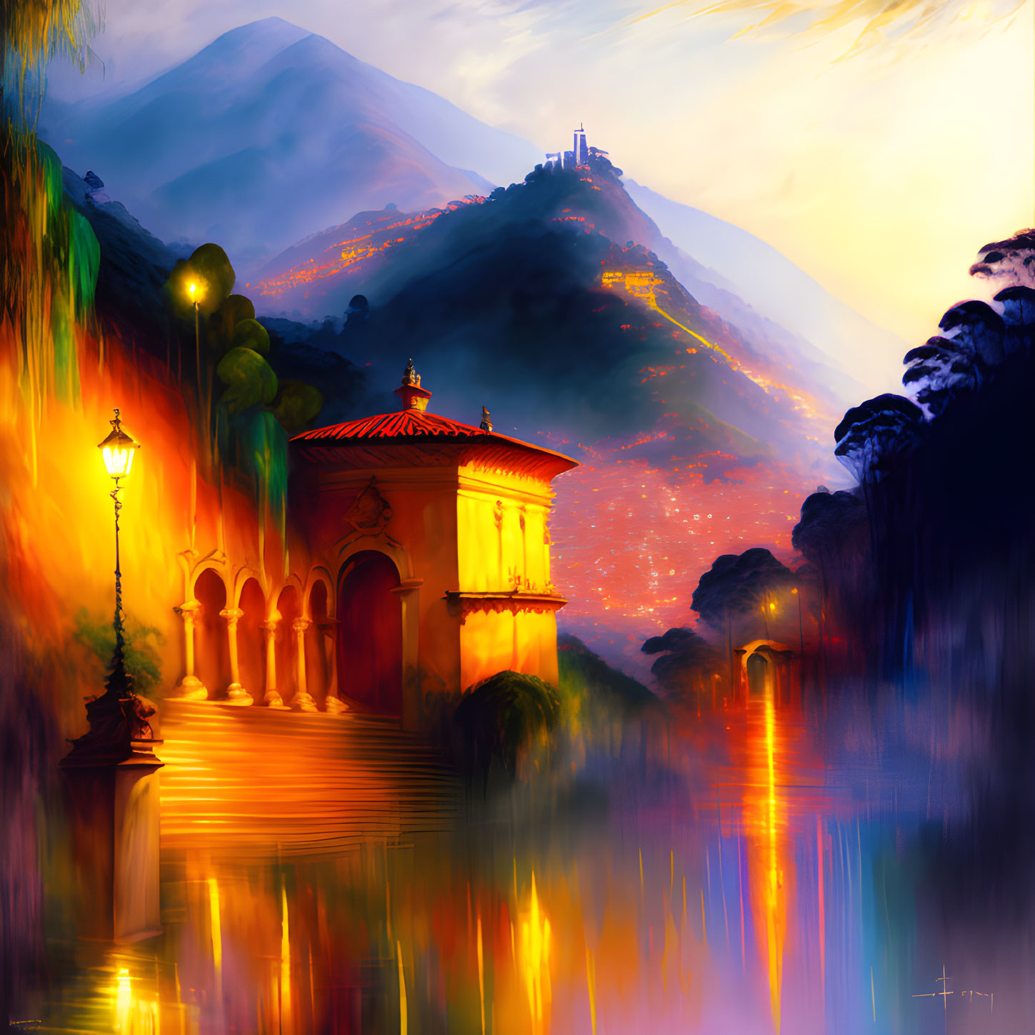 Vibrant digital painting of illuminated villa by water, mountains, sunset