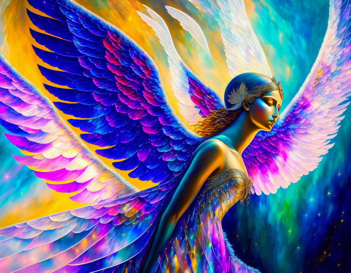 Colorful digital artwork: Woman with multicolored wings on vibrant background