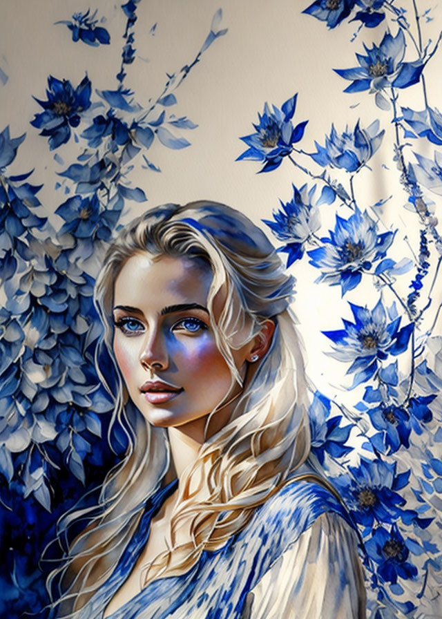 Blonde Woman with Blue Eyes Surrounded by Blue Flowers