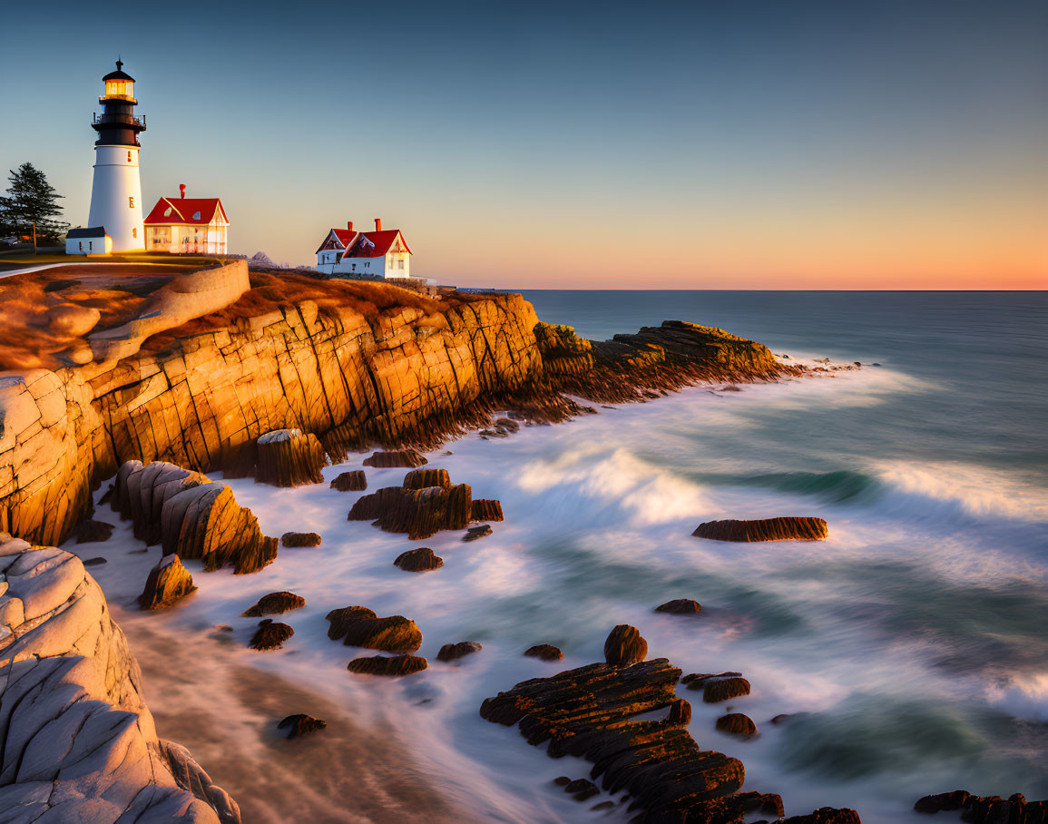 Scenic sunset at rugged cliff lighthouse