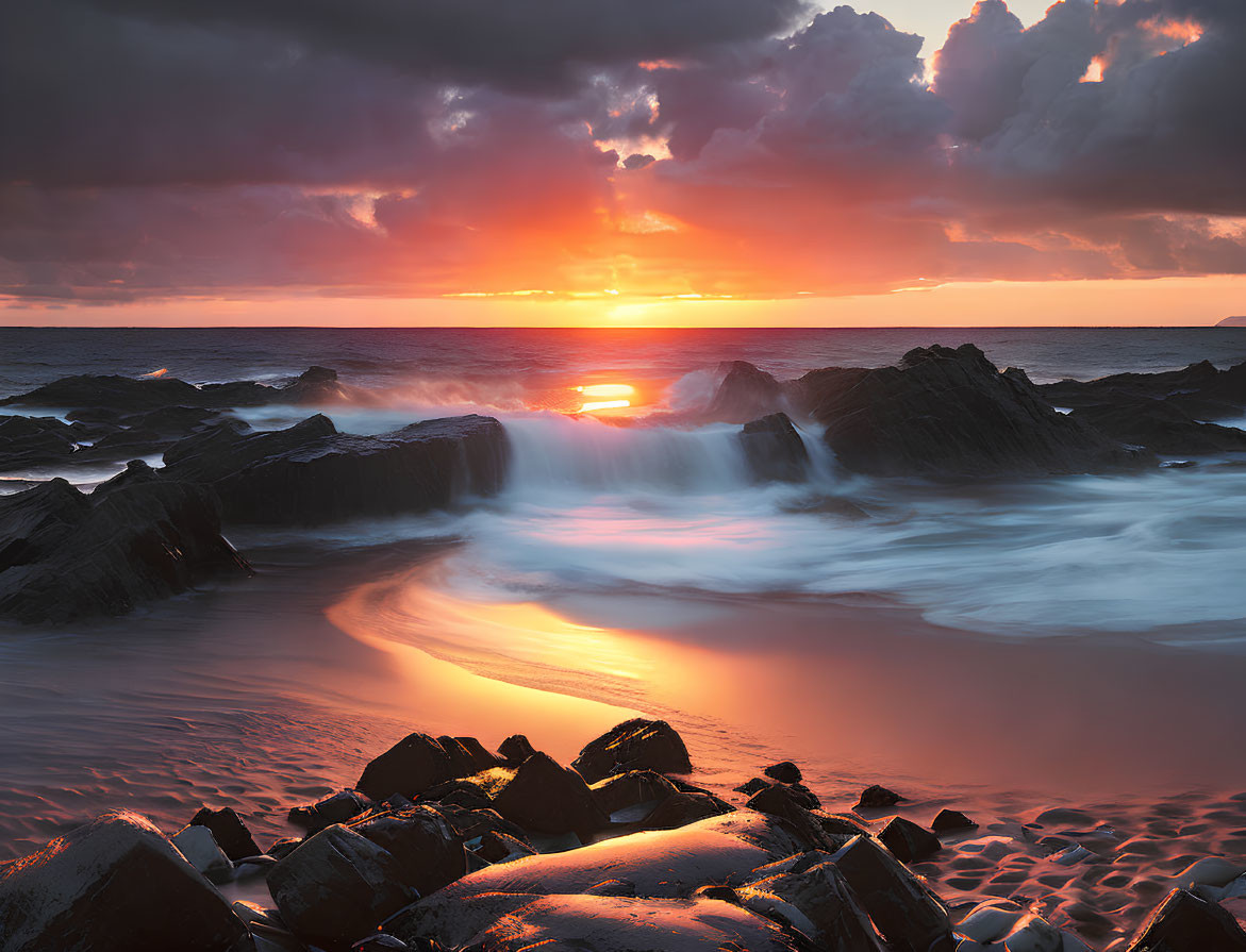 Tranquil Ocean Sunset with Jagged Rocks and Warm Sky