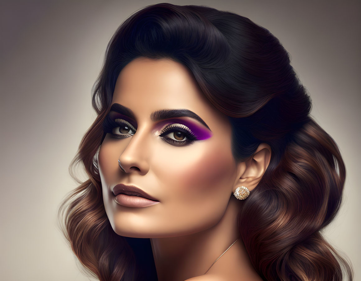 Digital portrait of woman with voluminous wavy hair and striking dark eyes.