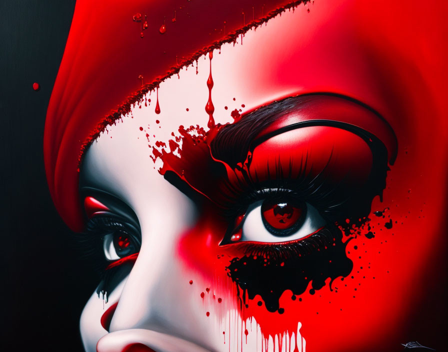 Vibrant red face painting with intense eyes and dripping details