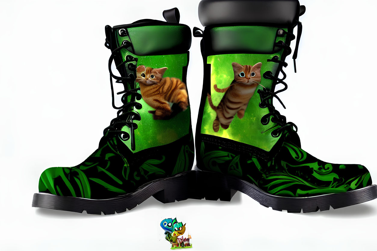 Green and Black Boots with Kitten Images and Toy Figure Displayed