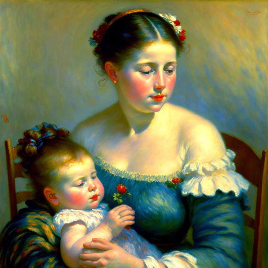 Classic Painting: Woman in Blue Dress with Child and Red Flowers