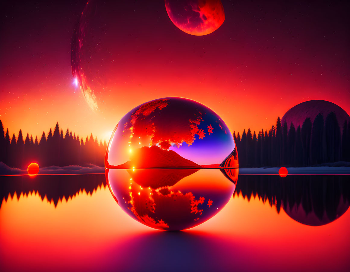 Surreal landscape with reflective sphere, fiery sky, moons, forest silhouette, red lake.