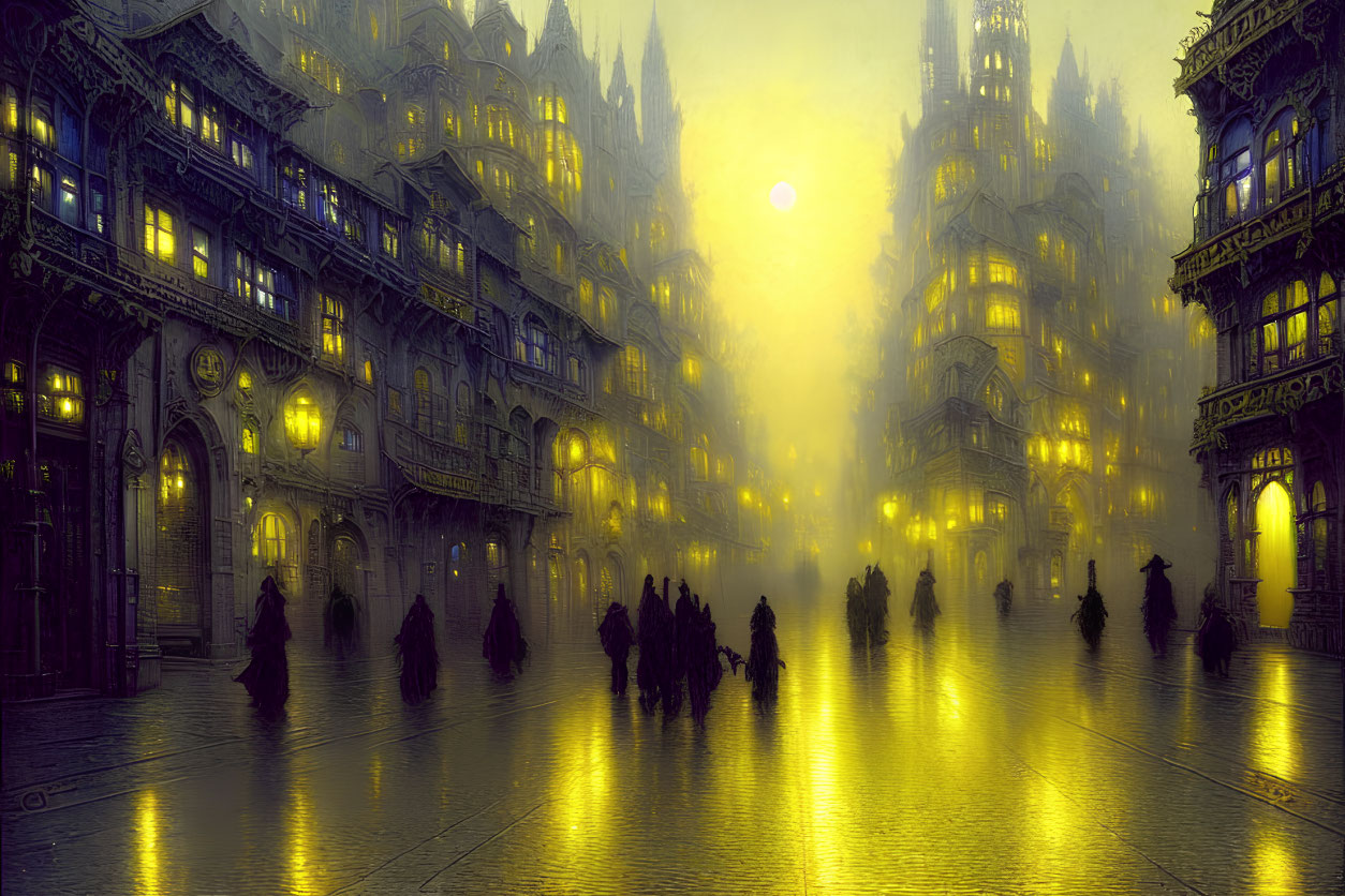 Misty twilight cityscape with silhouetted figures and Gothic buildings