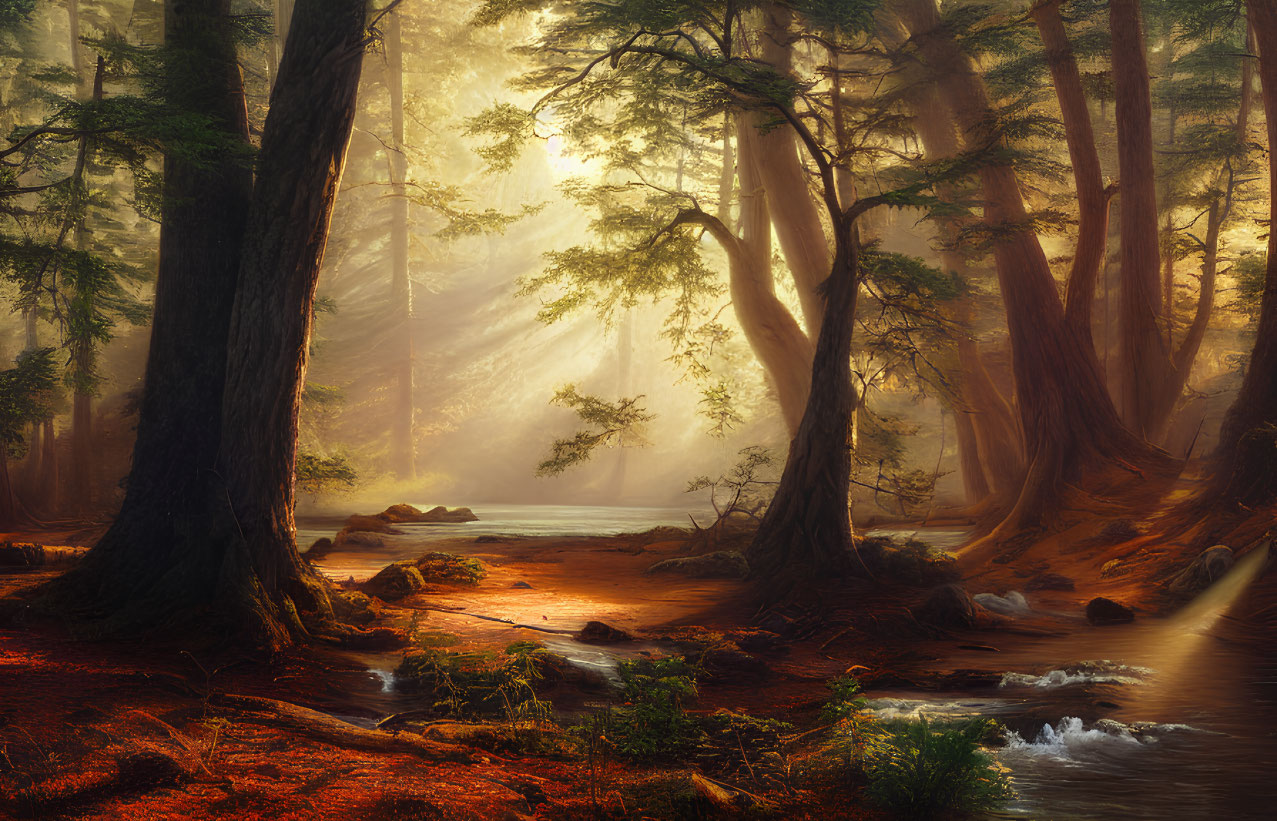 Tranquil forest landscape with sunlight, mist, stream, and foliage