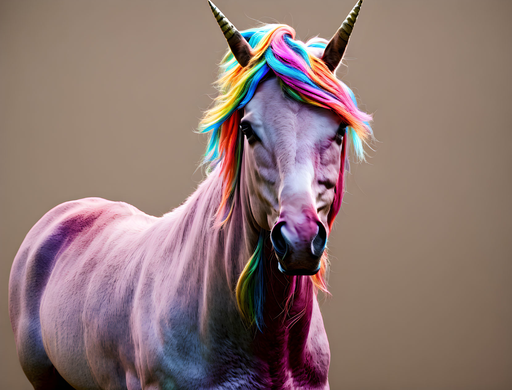 Colorful Unicorn with Rainbow Mane and Metallic Horn on Brown Background