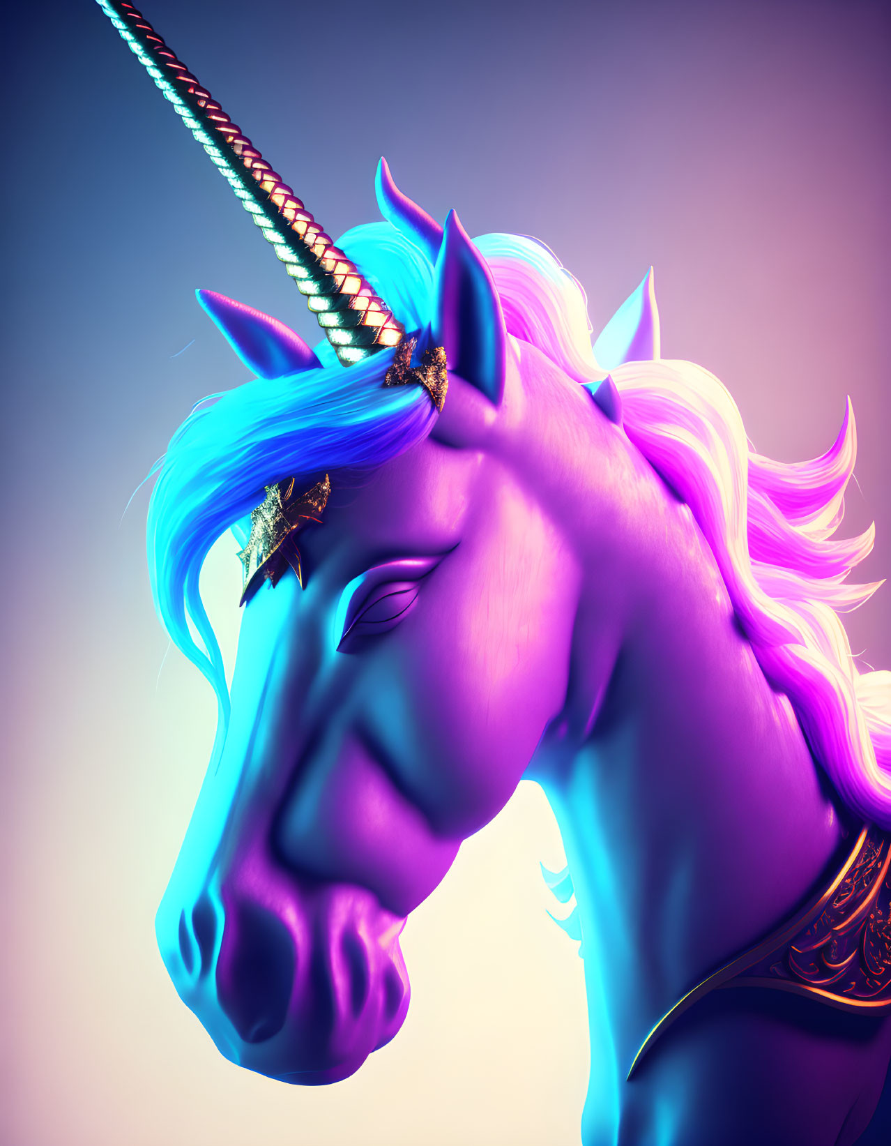 Colorful Unicorn Digital Art with Blue Mane and Golden Horn on Purple Background