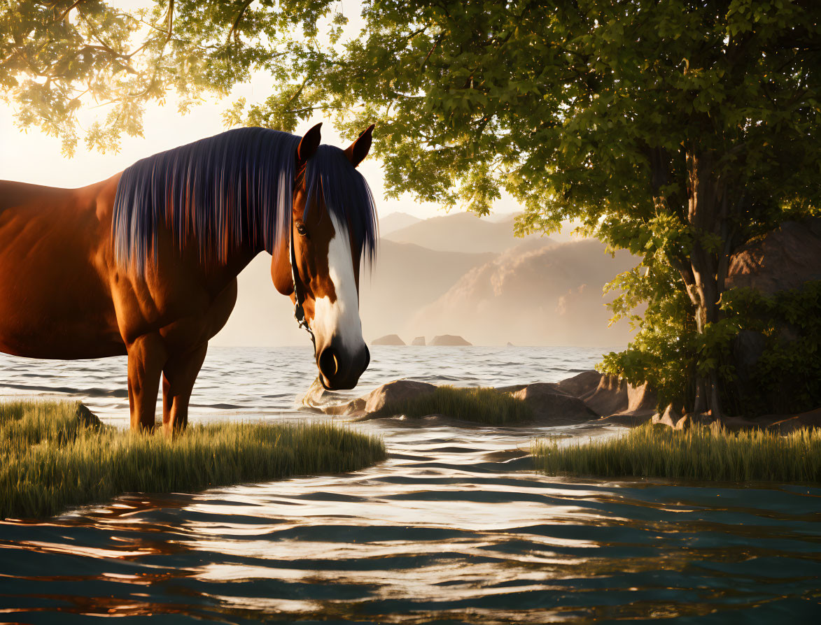 Horse by Water's Edge at Sunset with Greenery and Mountains