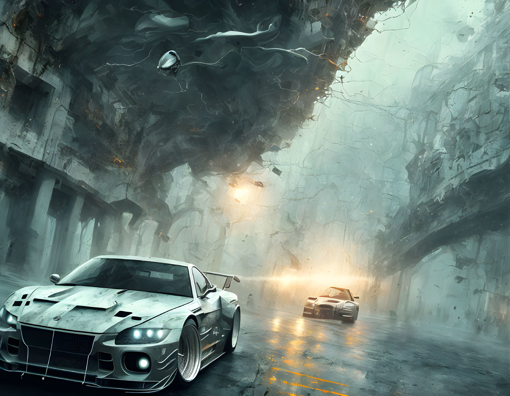 Surreal dystopian scene: two sports cars racing on wet road