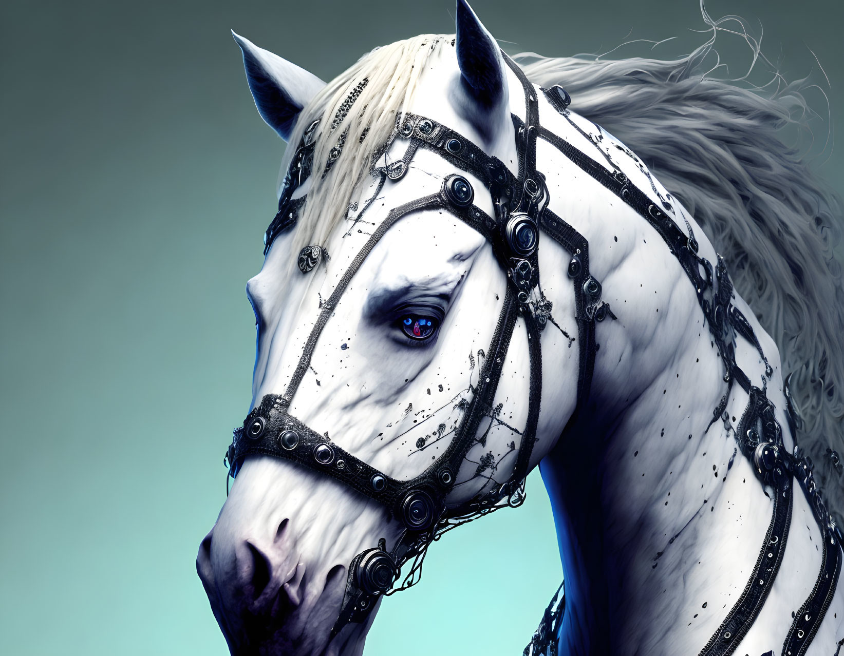 White horse with black bridle and striking blue eye in close-up.