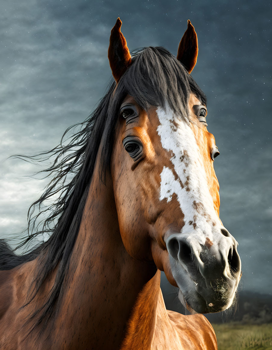 Brown horse with white blaze and dark mane under cloudy sky