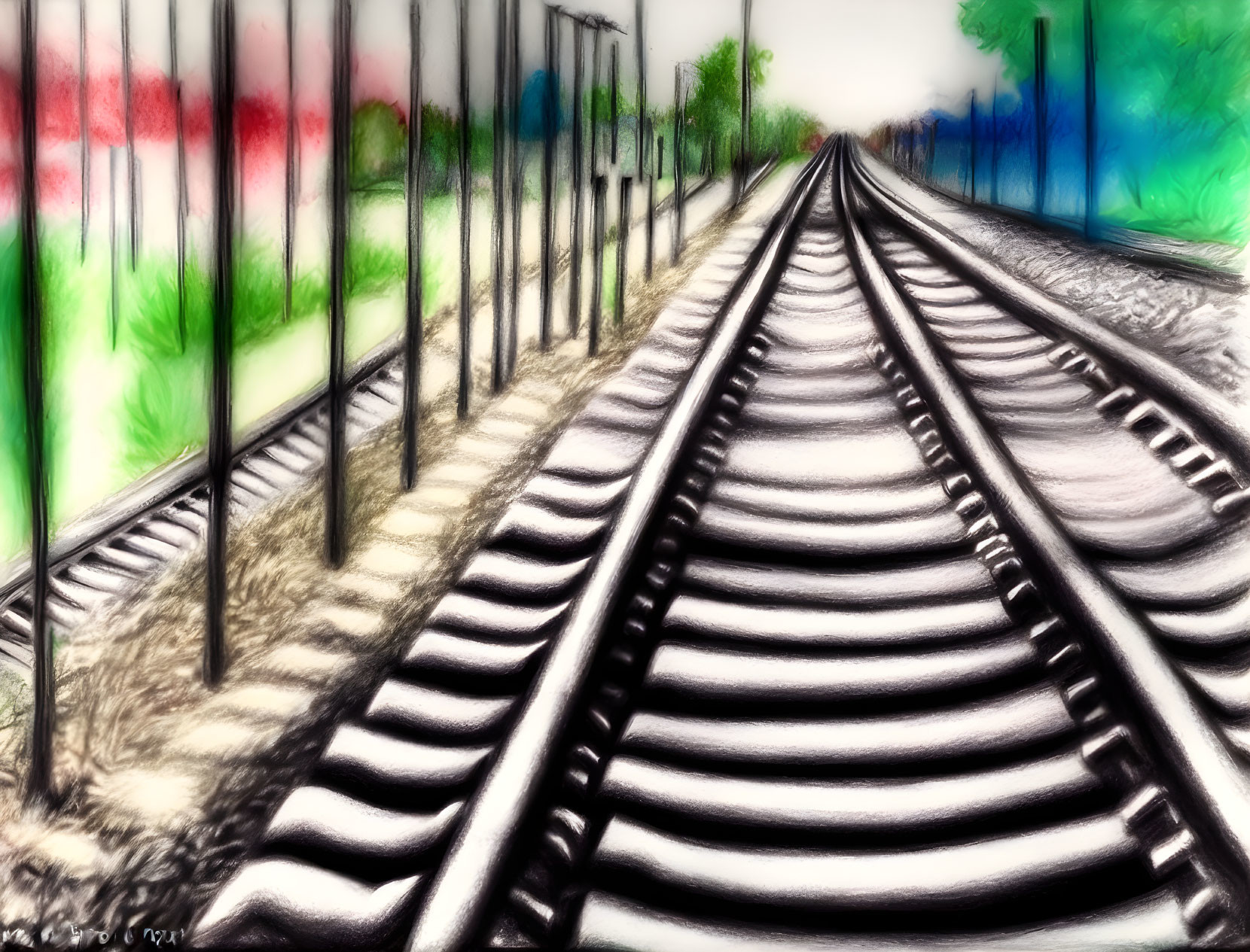 Colorful Blurred Trees Along Converging Railway Tracks