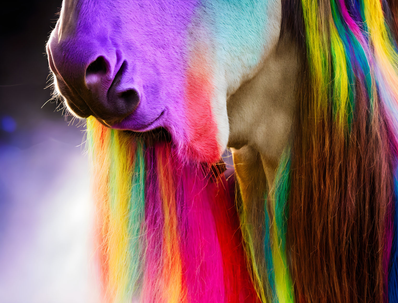 Vibrant Rainbow Mane on Close-Up Horse Portrait