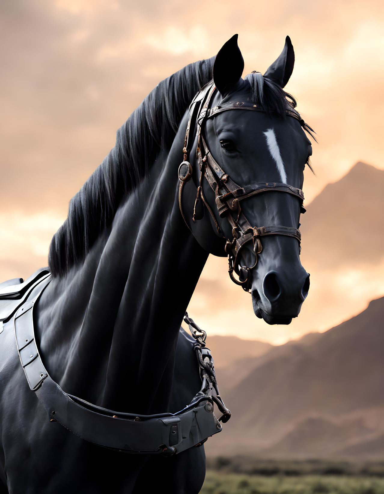 Majestic black horse with shiny coat and intricate bridle gear against sunset-lit backdrop