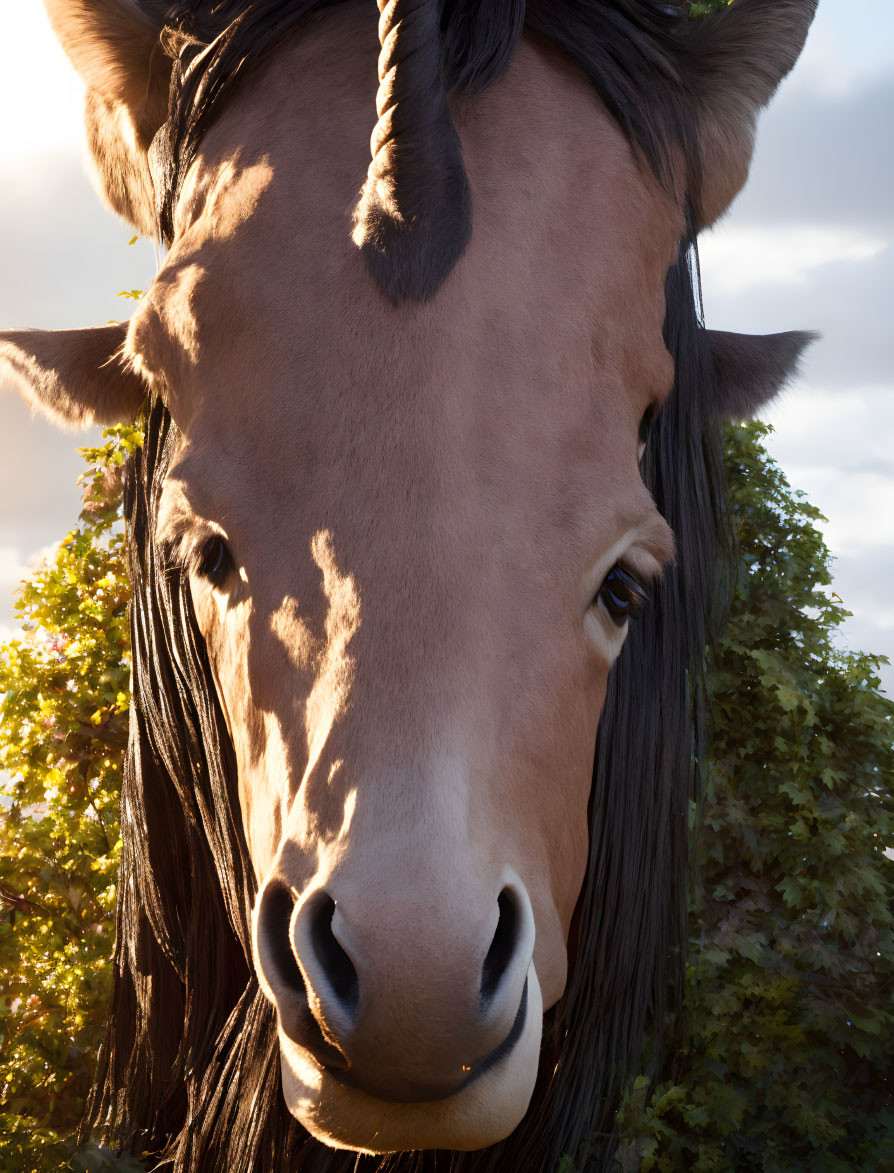 Brown horse head with black mane in golden sunlight against green foliage.