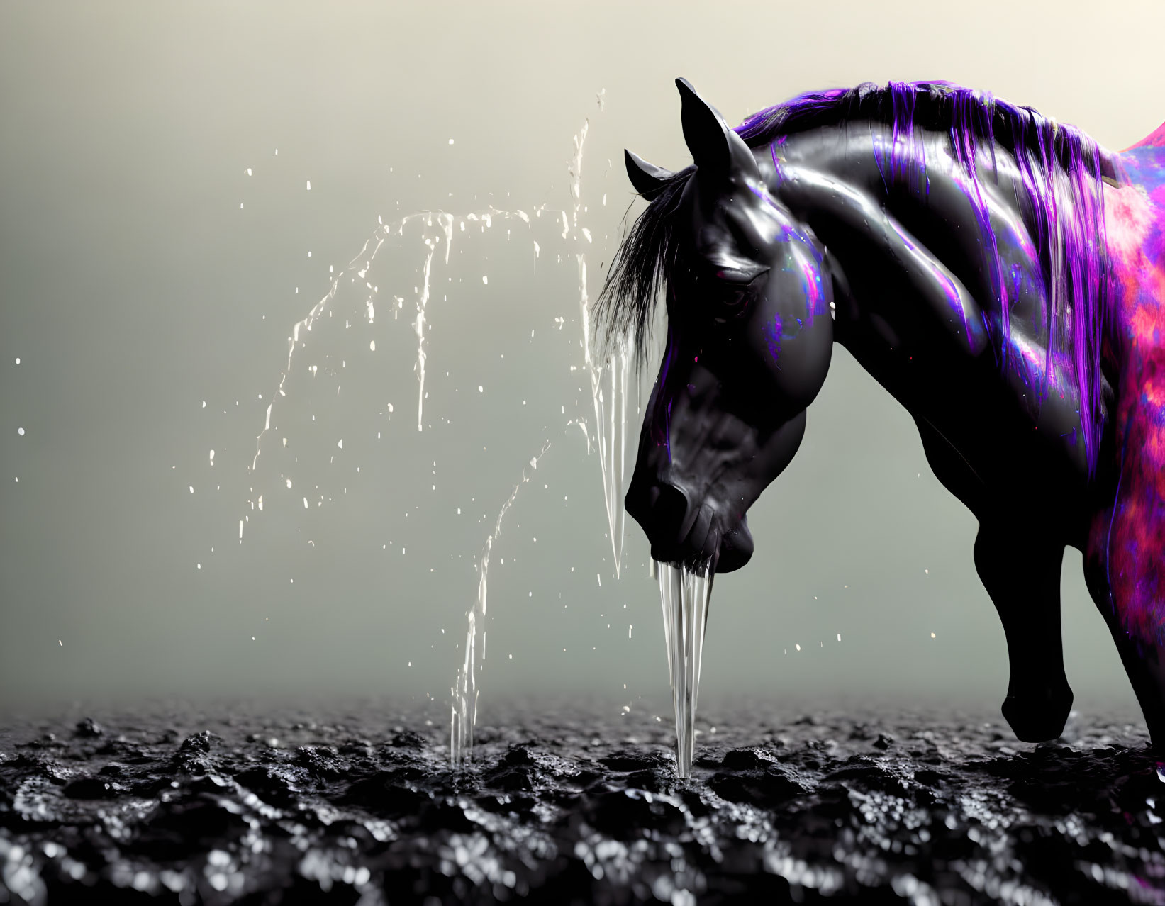 Metallic Purple Horse with Flowing Mane in Splashing Water on Grey Background