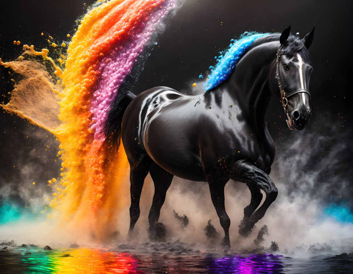 Majestic Black Horse with Multicolored Mane on Dark Background