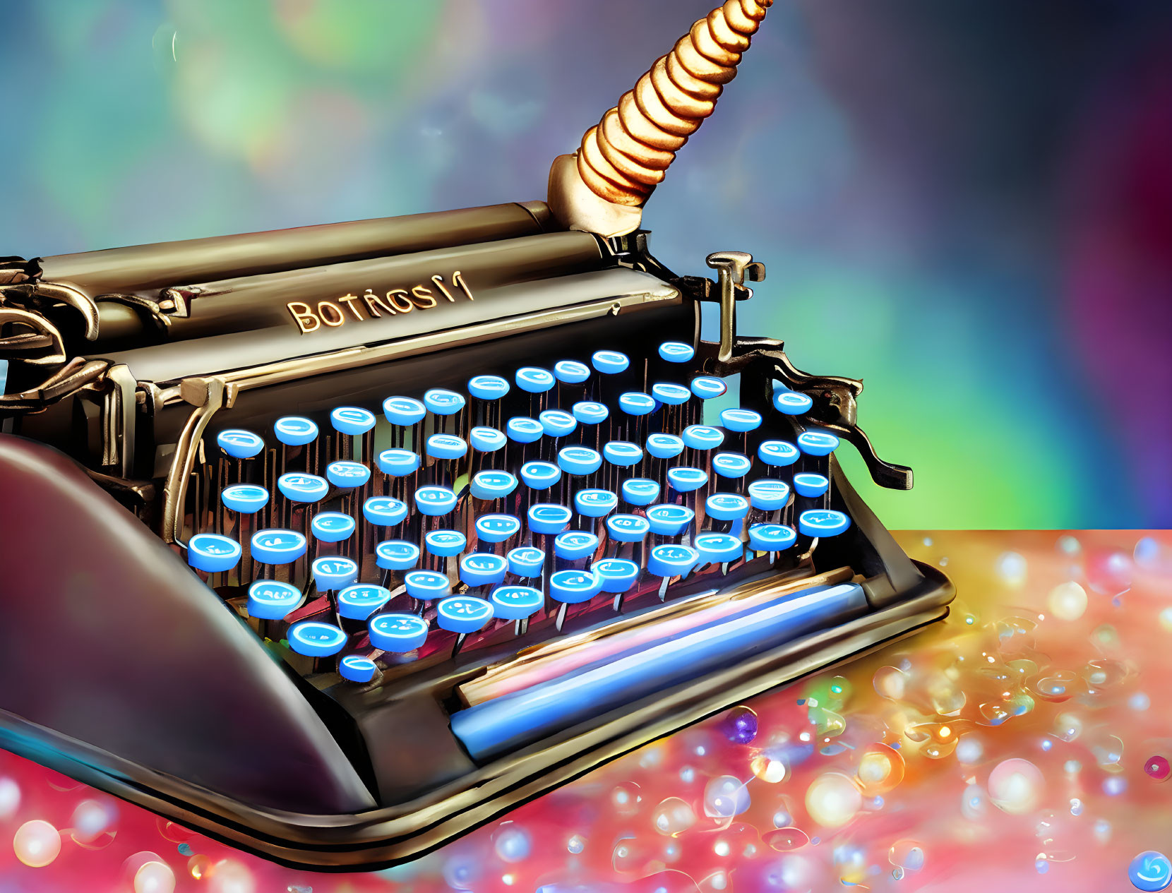 Colorful Digital Art: Vintage Typewriter with Glowing Blue Keys and "Botiss" Word on