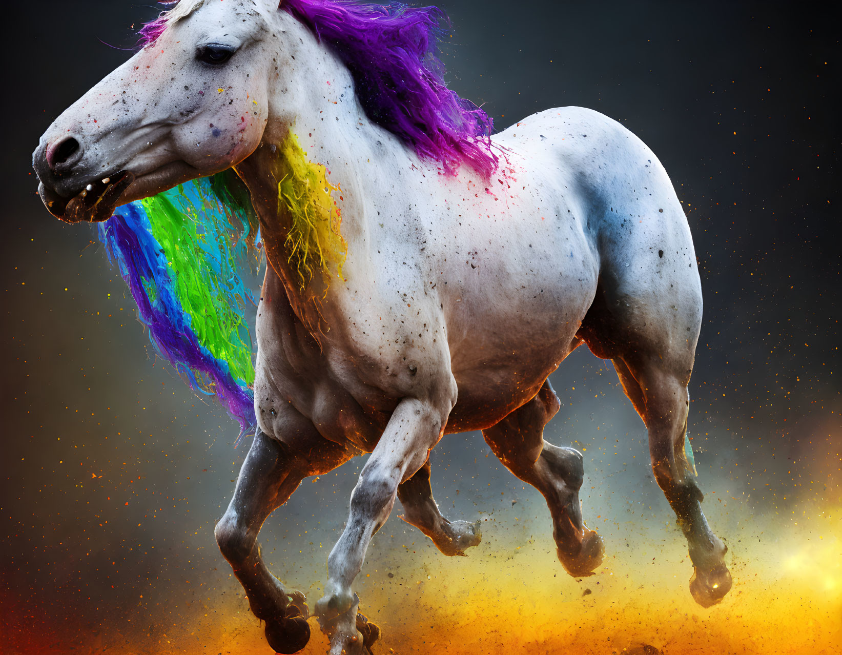 Colorful Mane White Horse Painted Against Dark Background