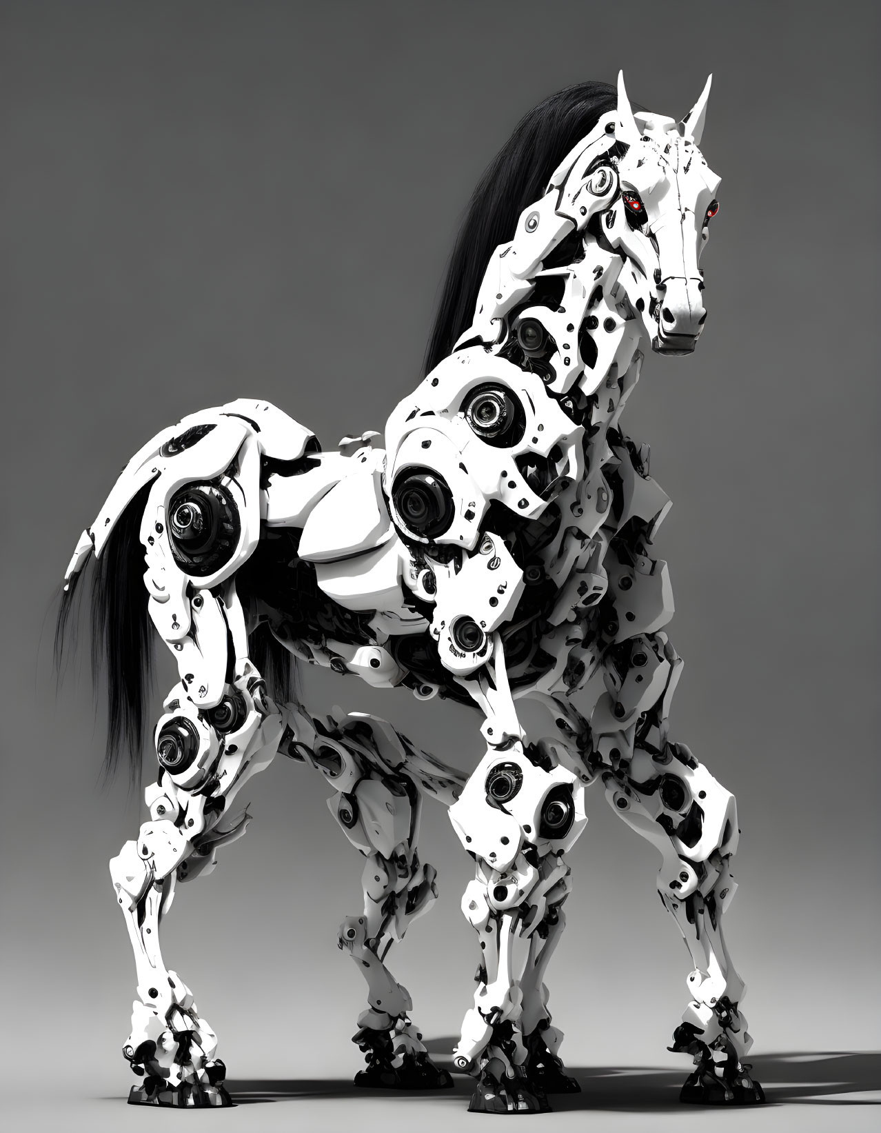 Sleek white robotic horse with black joints and red eye accents